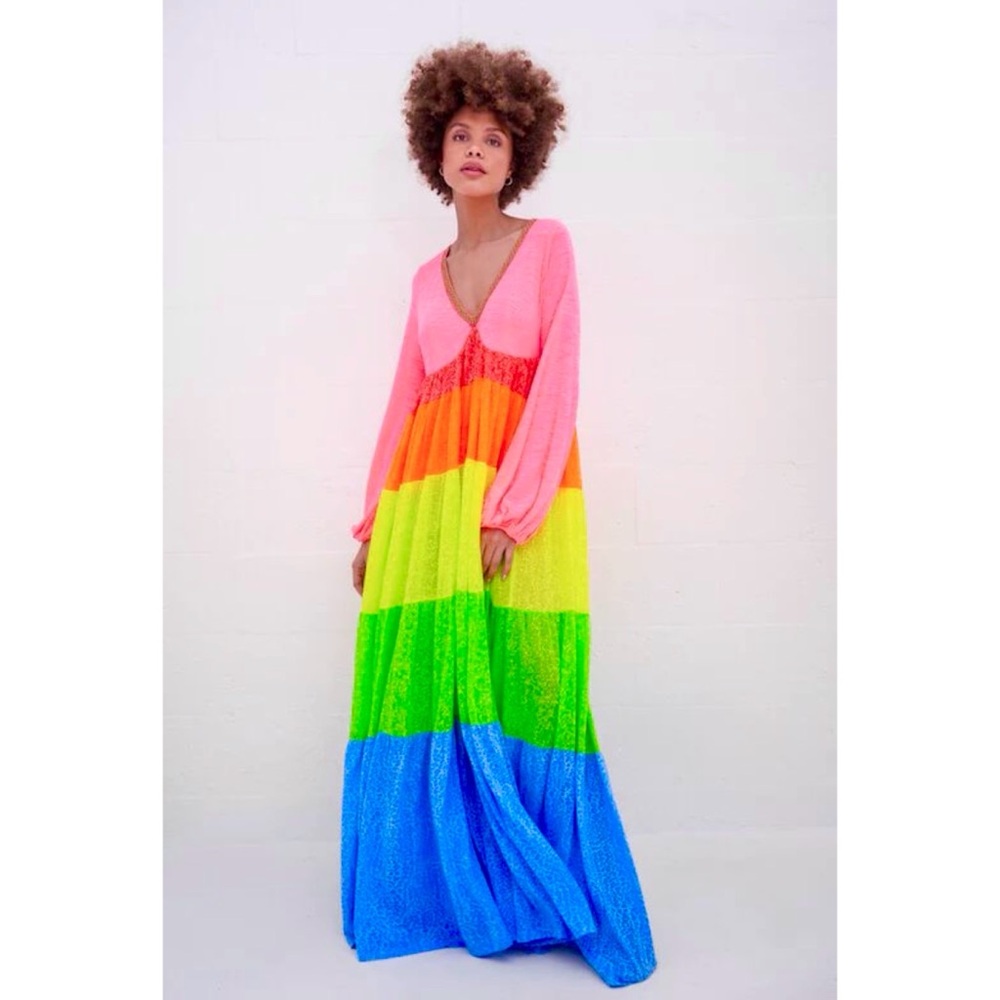 Pitusa Rainbow Tiered V-Neck Maxi Dress